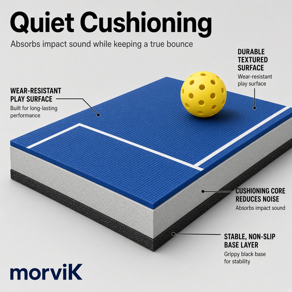 Cutaway of the morviK court mat showing three layers
