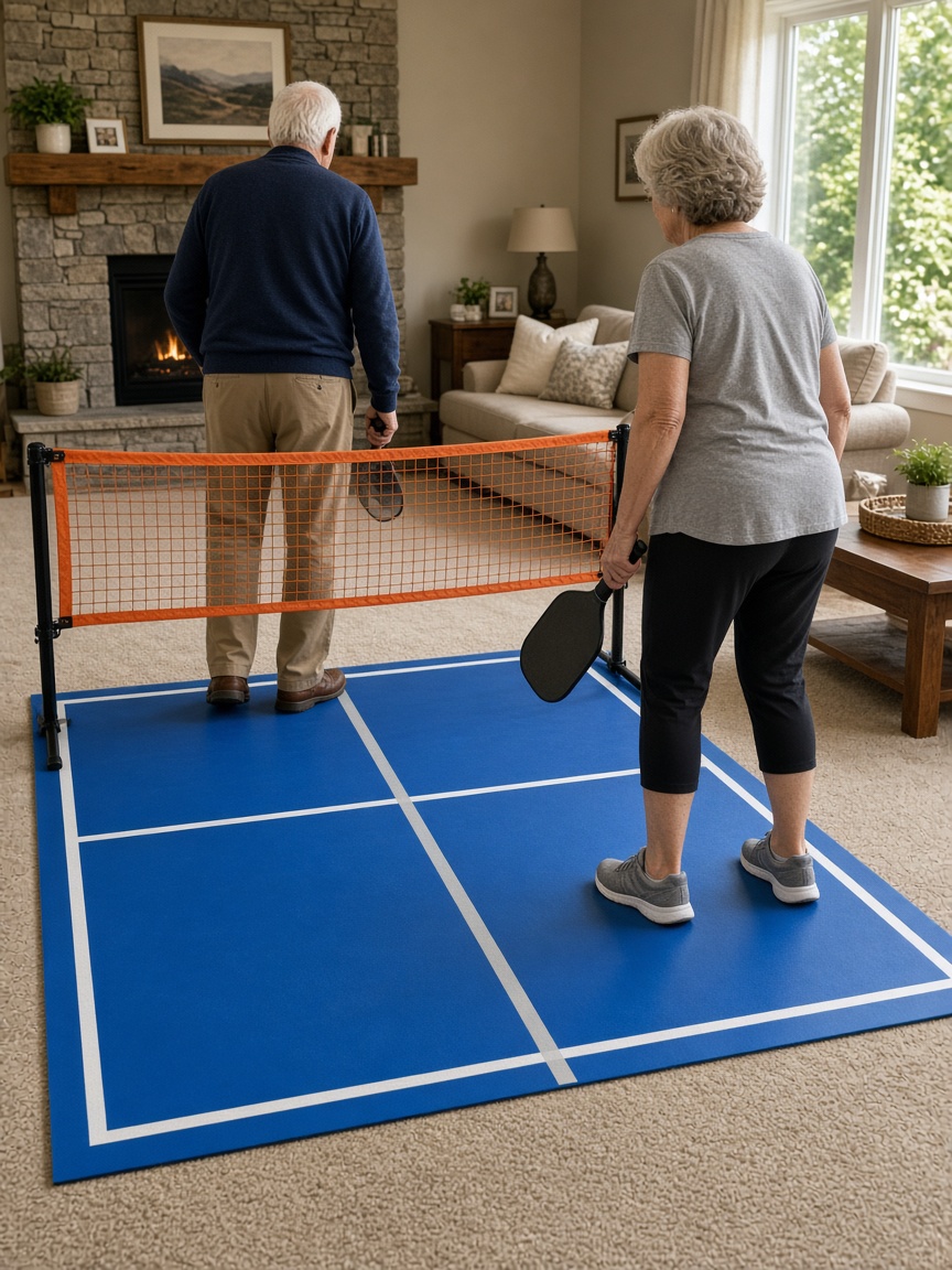 Two people playing on a morviK court in a living room
